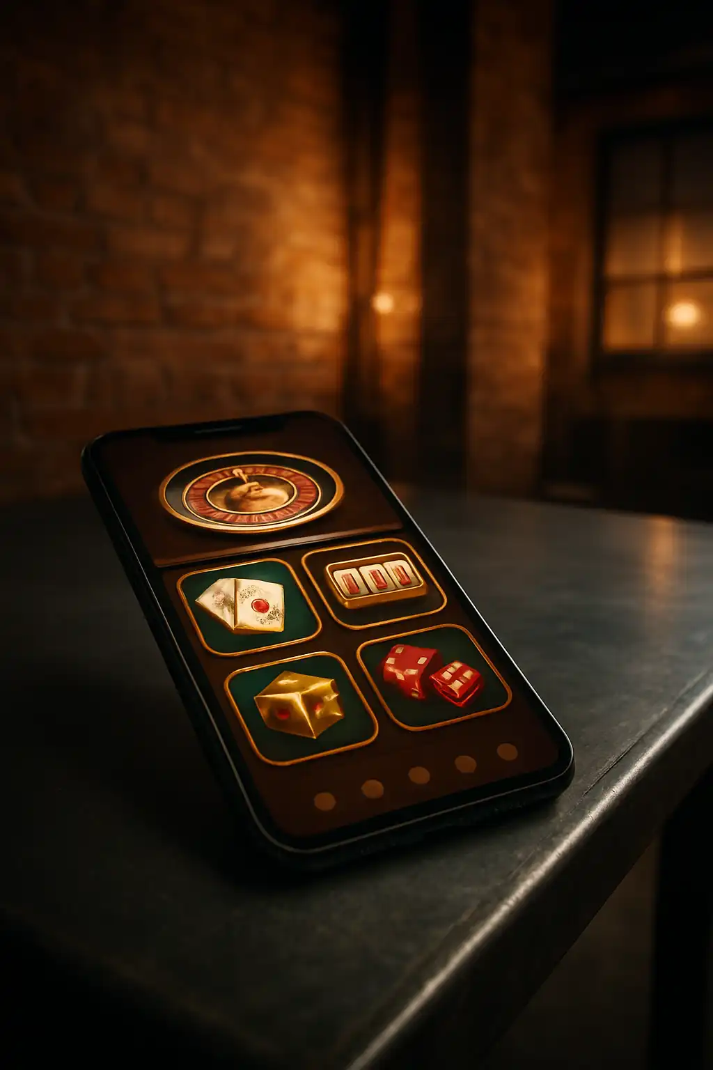 Smartphone showing the MetroBetz casino app lobby resting on a steel table with brick wall backdrop