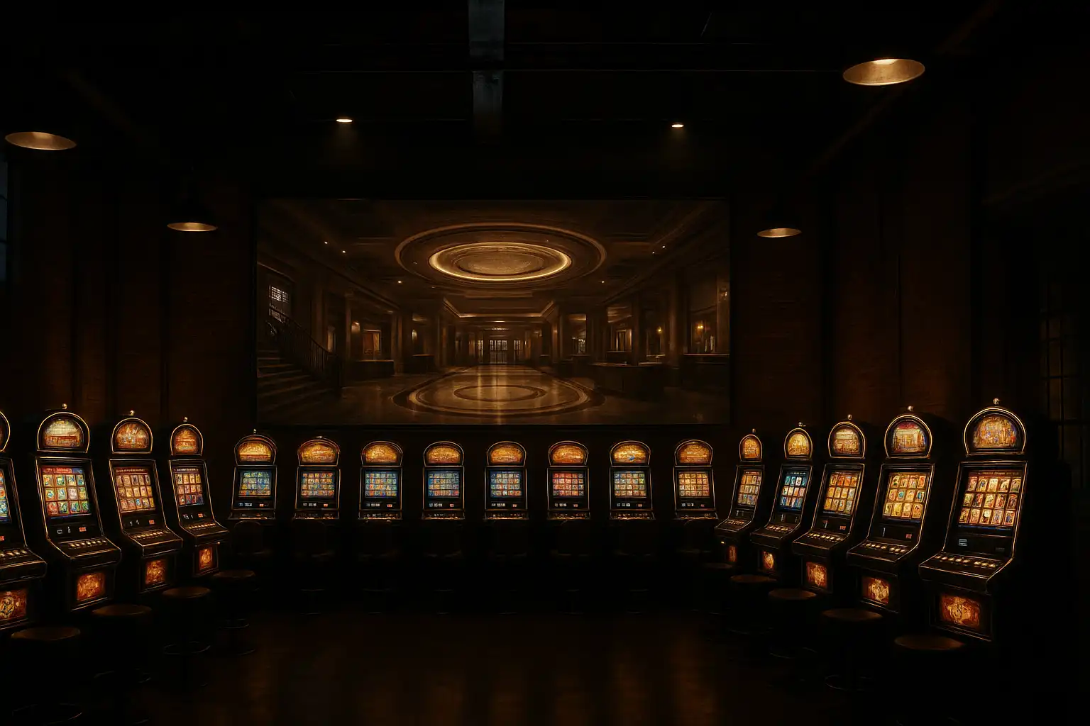 Wide shot of the MetroBetz virtual casino floor with exposed brick walls and steel beam lighting