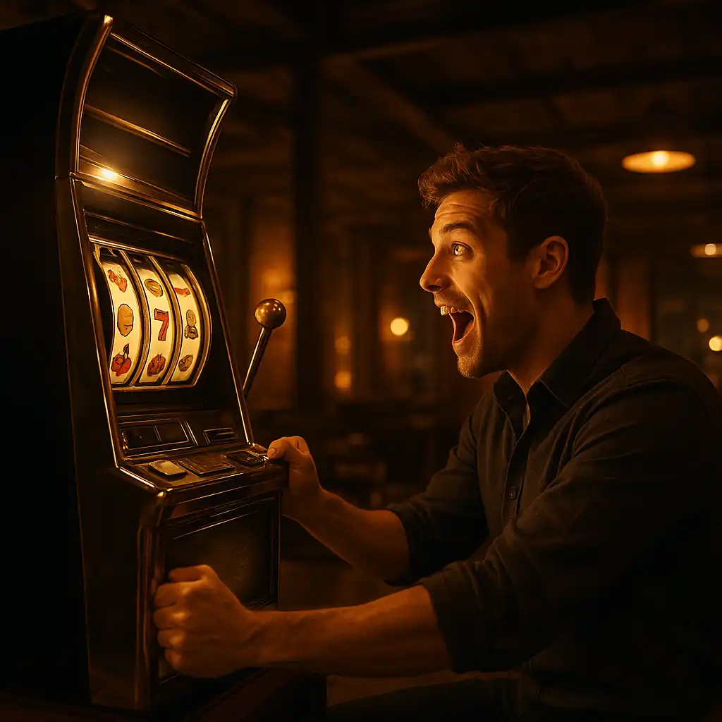 Player spinning slot reels in an industrial loft style lounge
